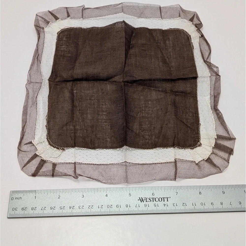 VTG Handmade Lace Handkerchief Ivory Brown Crochet Trim Mid Century Heirloom